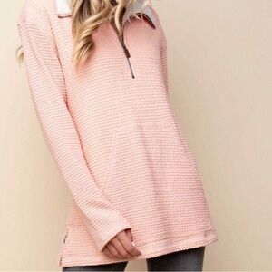 Pullover Waffle Knit 3/4 Zip High Neck Fleece Lined Top Soft Pink Size Small NWT